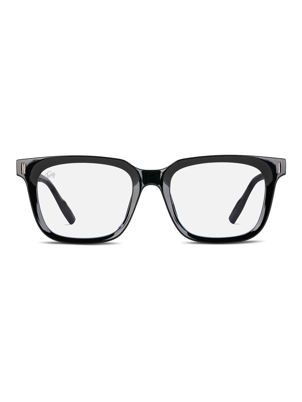 I TWIG Concept Milano Occhiali luce blu Fleming sono occhiali rettangolari neri con lenti chiare e lenti assorbi raggi dannosi per ridurre lo stress visivo, presentati frontalmente su sfondo bianco.