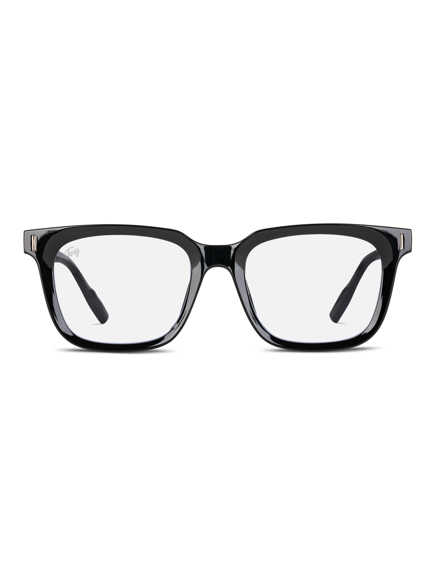 I TWIG Concept Milano Occhiali luce blu Fleming sono occhiali rettangolari neri con lenti chiare e lenti assorbi raggi dannosi per ridurre lo stress visivo, presentati frontalmente su sfondo bianco.