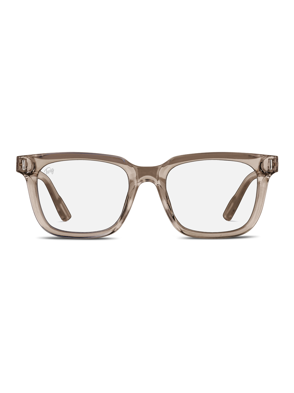 Gli Occhiali luce blu Fleming di TWIG Concept Milano sono occhiali rettangolari chiari taupe con montatura spessa e trasparente, progettati per ridurre l'affaticamento degli occhi e schermare i raggi nocivi, raffigurati frontalmente su sfondo bianco.