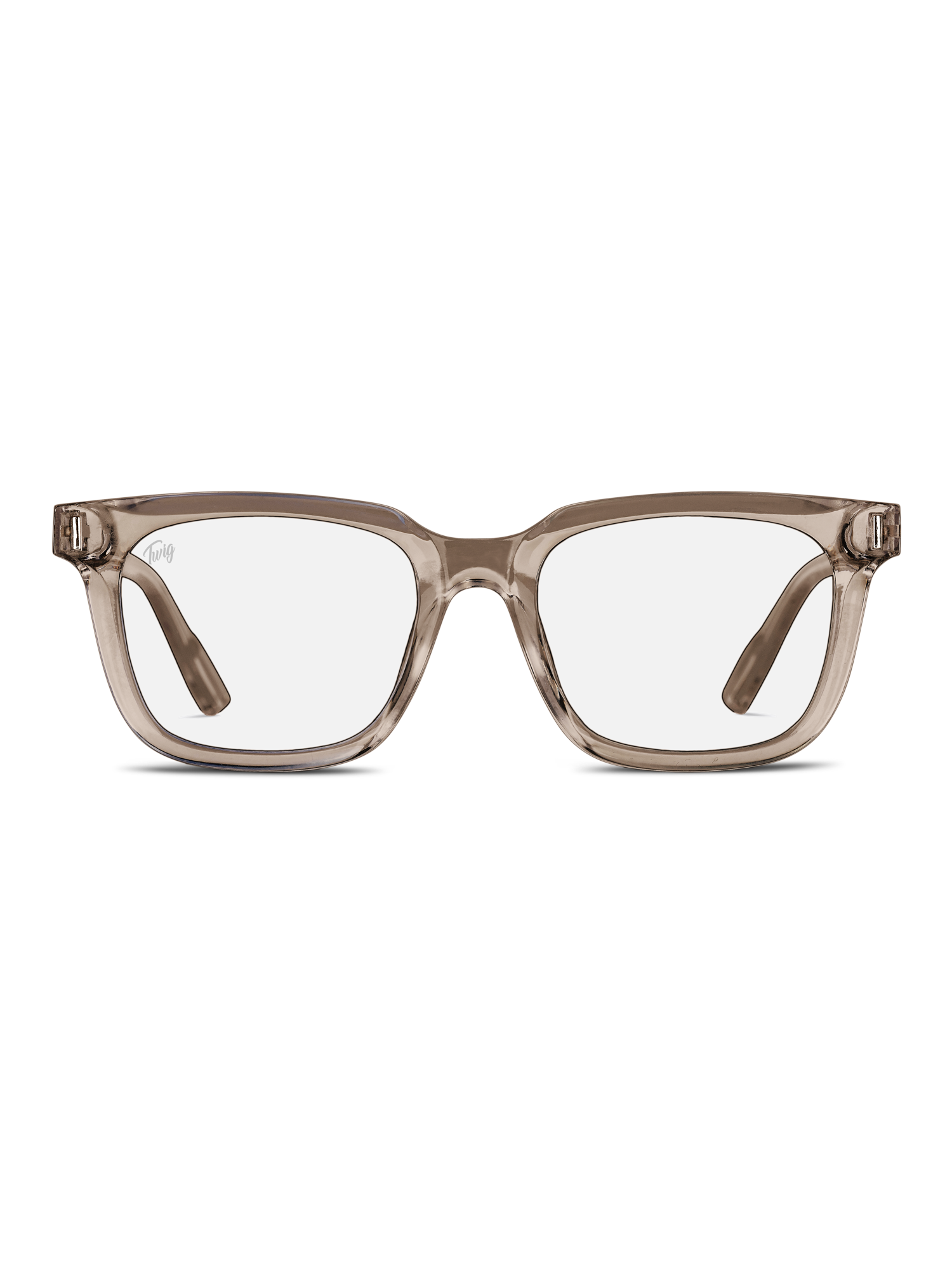 Gli Occhiali luce blu Fleming di TWIG Concept Milano sono occhiali rettangolari chiari taupe con montatura spessa e trasparente, progettati per ridurre l'affaticamento degli occhi e schermare i raggi nocivi, raffigurati frontalmente su sfondo bianco.