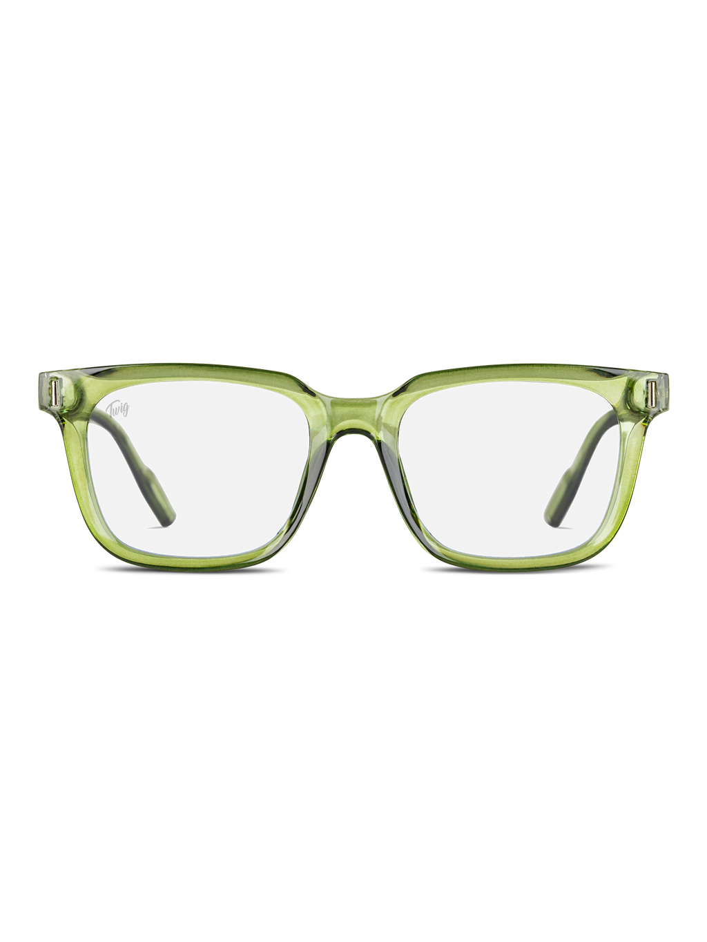 Occhiali luce blu Fleming di TWIG Concept Milano: montatura rettangolare verde con lenti trasparenti che filtrano i raggi nocivi, raffigurata rivolta in avanti su sfondo bianco.