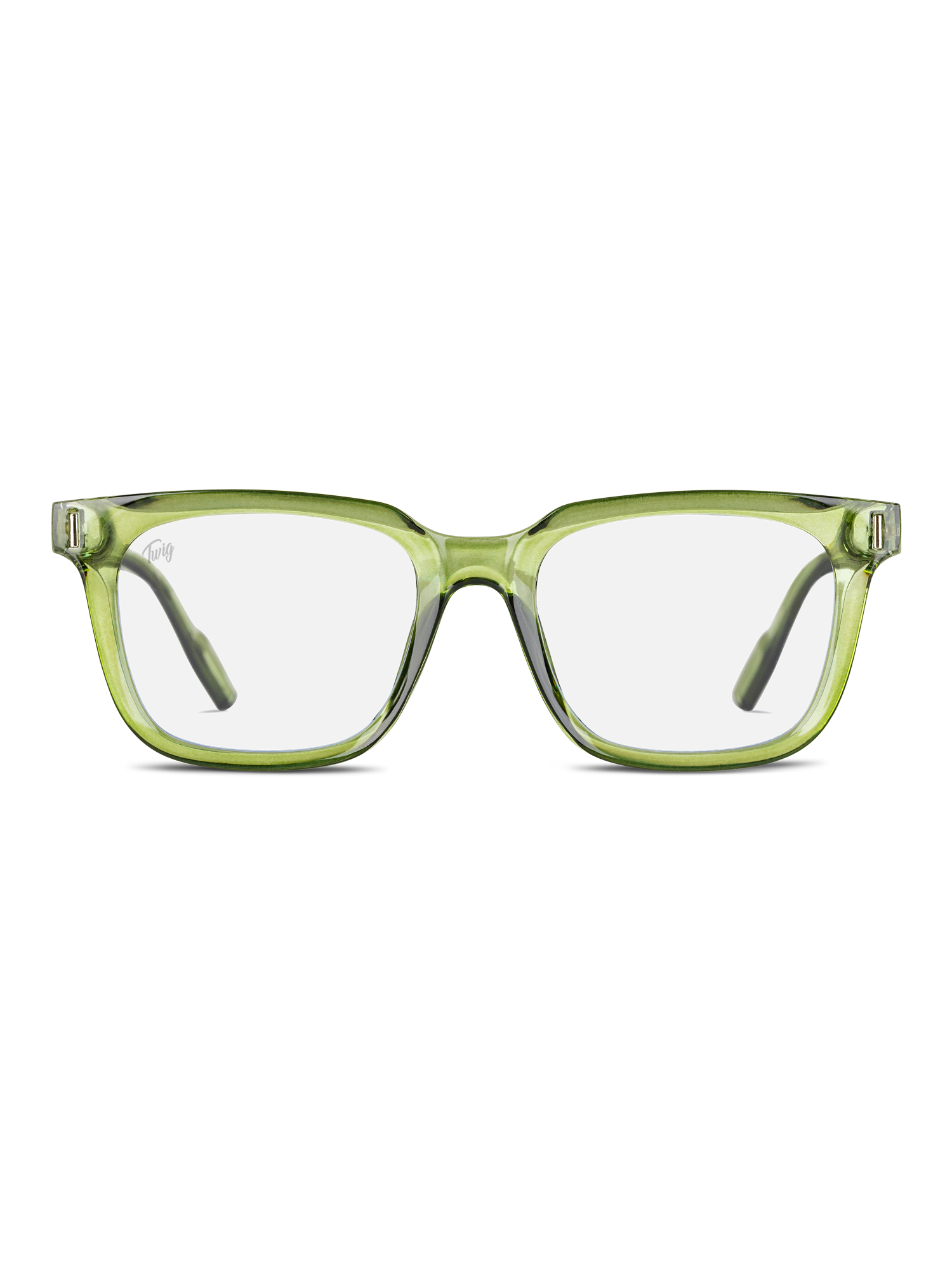 Occhiali luce blu Fleming di TWIG Concept Milano: montatura rettangolare verde con lenti trasparenti che filtrano i raggi nocivi, raffigurata rivolta in avanti su sfondo bianco.