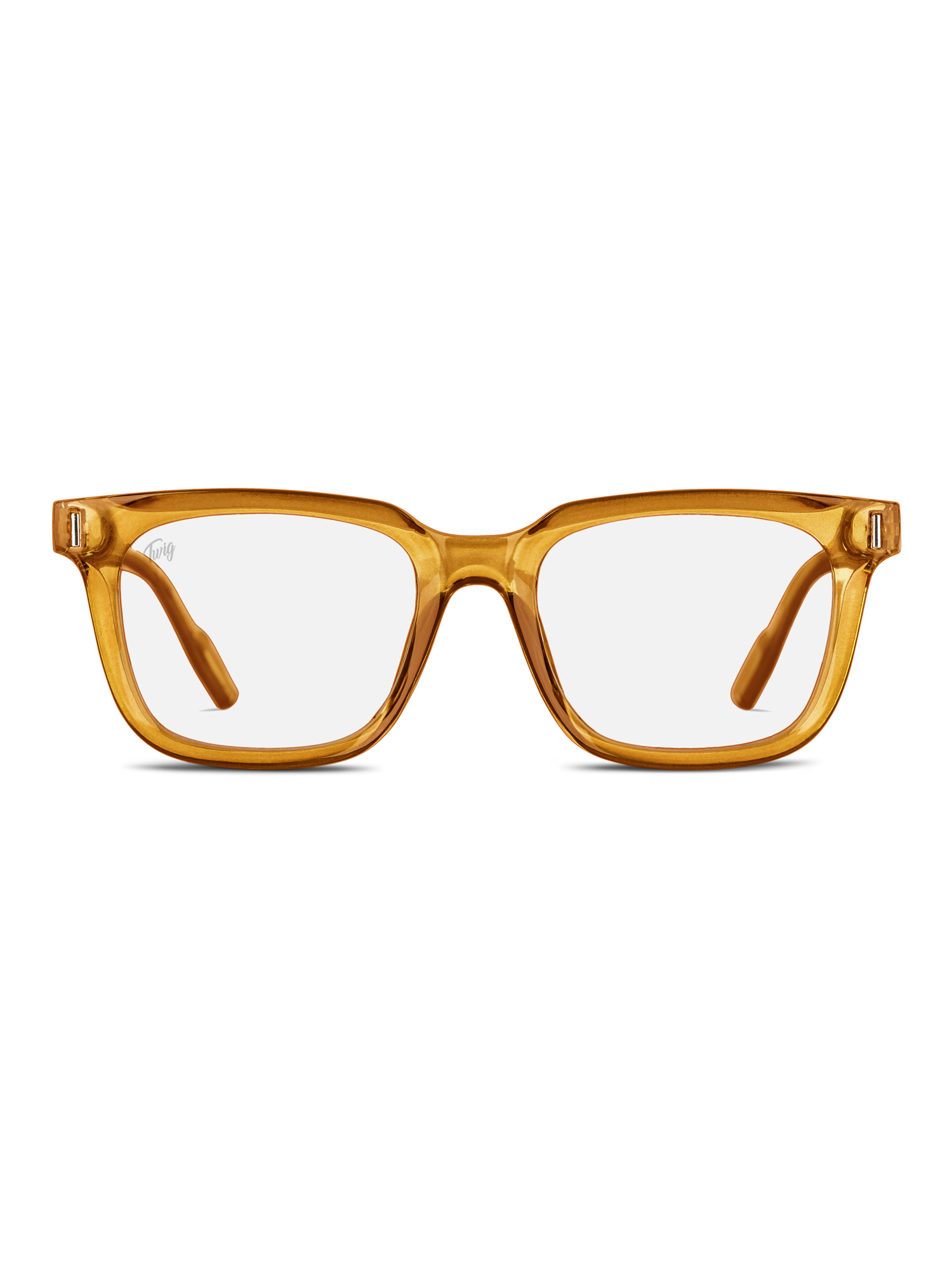 Vista frontale degli Occhiali luce blu Fleming di TWIG Concept Milano: occhiali rettangolari a luce blu con montatura ambra trasparente e lenti chiare, progettati per ridurre lo stress visivo, presentati su uno sfondo bianco.