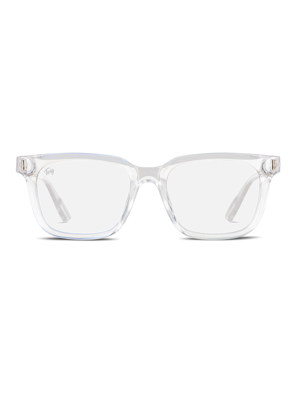 I TWIG Concept Milano Occhiali luce blu Fleming sono occhiali chiari, rettangolari, con montatura trasparente e lenti che bloccano la luce blu per ridurre l'affaticamento degli occhi, mostrati rivolti in avanti su uno sfondo bianco.