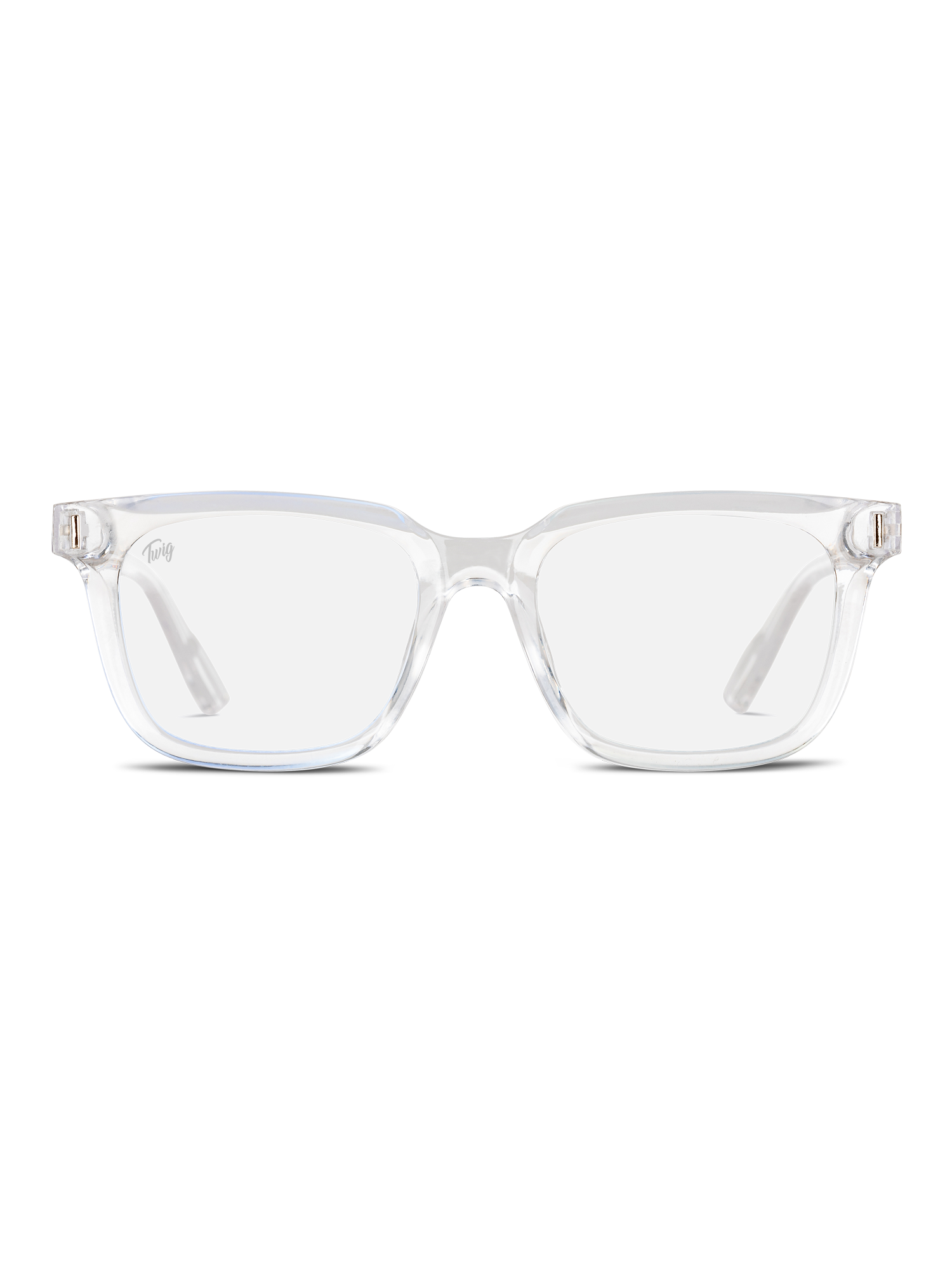 I TWIG Concept Milano Occhiali luce blu Fleming sono occhiali chiari, rettangolari, con montatura trasparente e lenti che bloccano la luce blu per ridurre l'affaticamento degli occhi, mostrati rivolti in avanti su uno sfondo bianco.