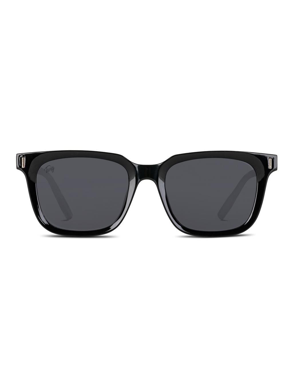 Gli Occhiali da sole Fleming di TWIG Concept Milano sono classici occhiali da sole unisex rettangolari neri con lenti scure, montatura spessa e protezione UV 400, presentati frontalmente su sfondo bianco.