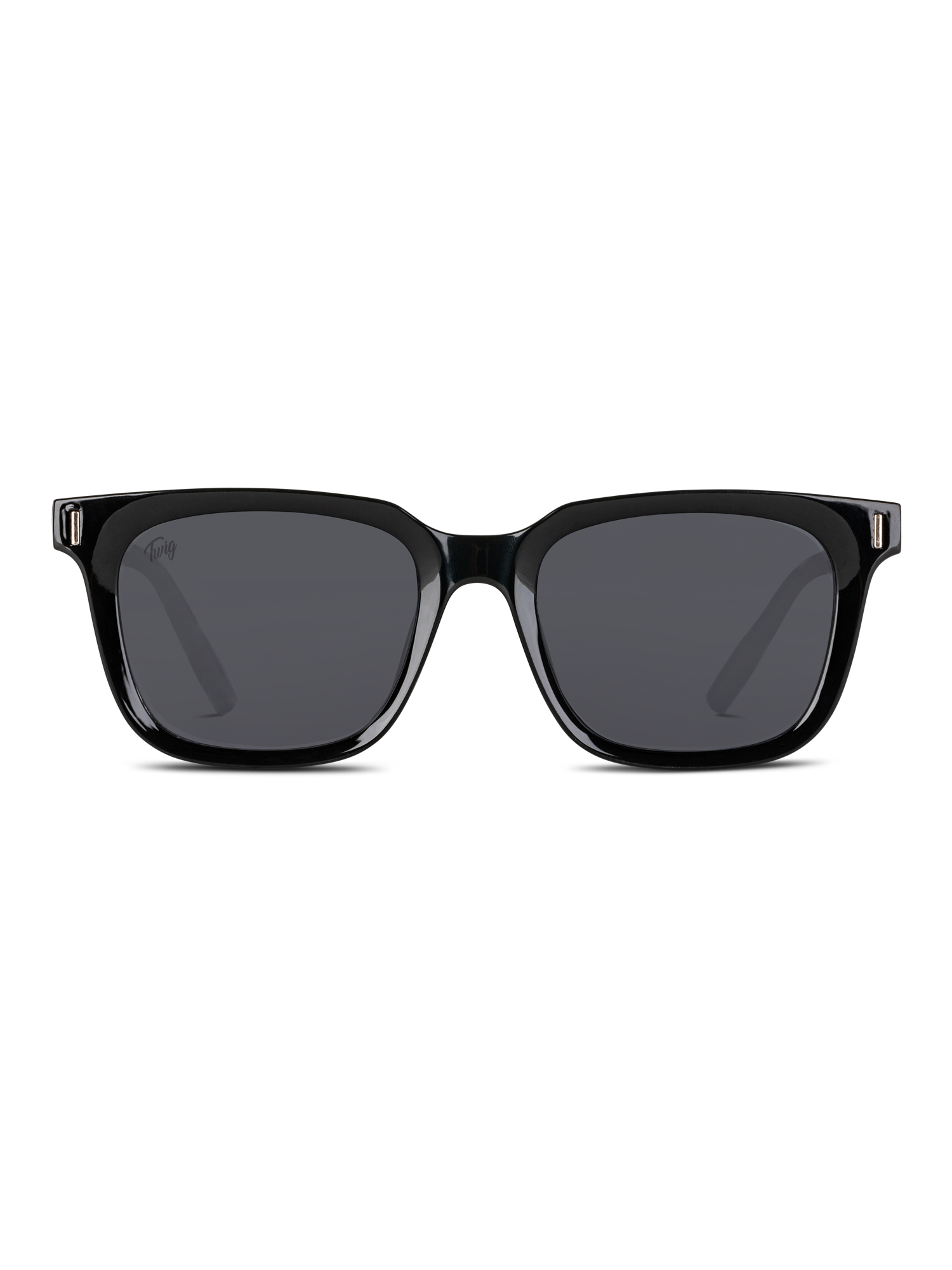 Gli Occhiali da sole Fleming di TWIG Concept Milano sono classici occhiali da sole unisex rettangolari neri con lenti scure, montatura spessa e protezione UV 400, presentati frontalmente su sfondo bianco.