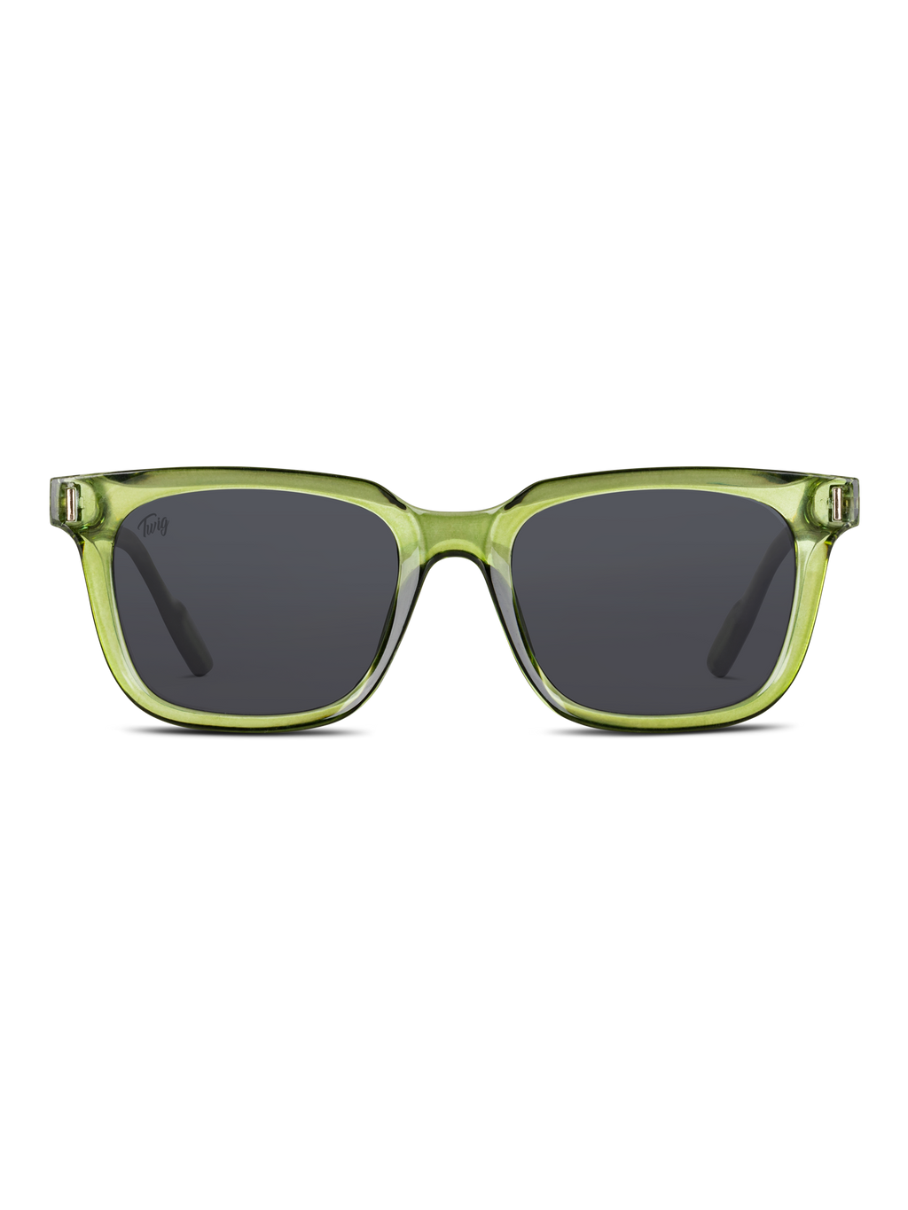Vista frontale di TWIG Concept Milano Occhiali da sole Fleming, con montatura rettangolare in policarbonato verde traslucido e lenti scure UV 400, su sfondo bianco.