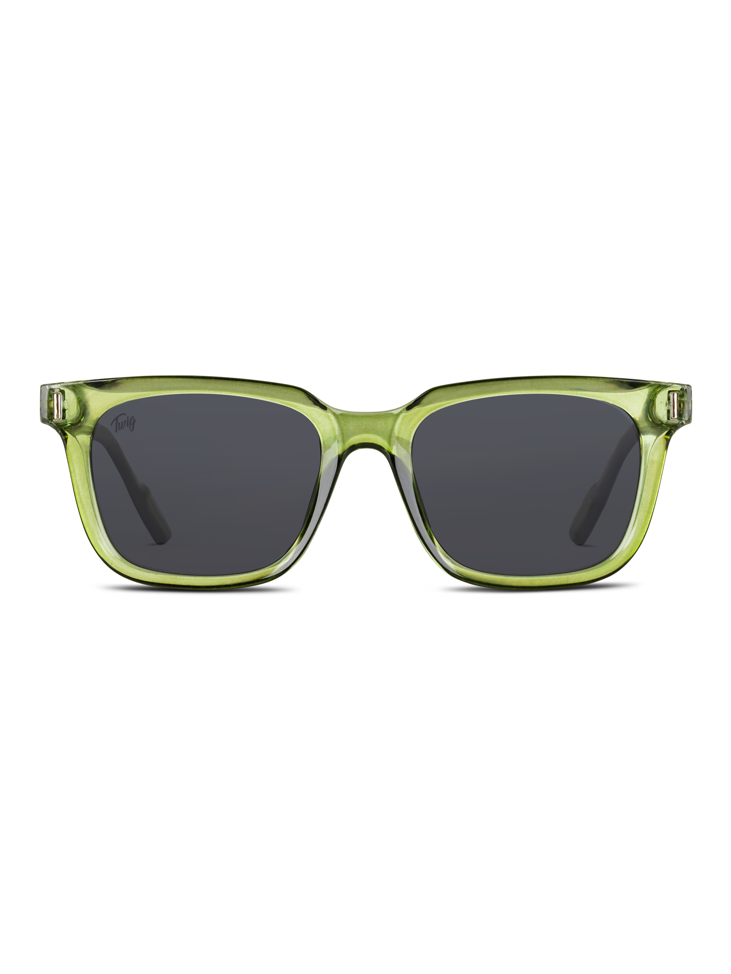 Vista frontale di TWIG Concept Milano Occhiali da sole Fleming, con montatura rettangolare in policarbonato verde traslucido e lenti scure UV 400, su sfondo bianco.