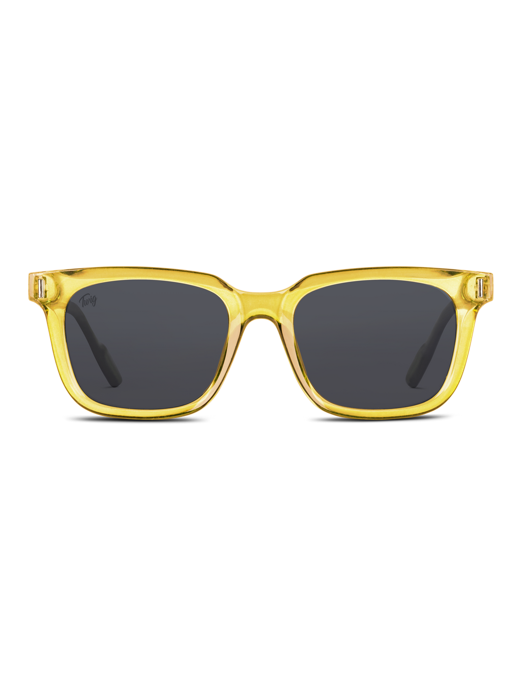 Gli Occhiali da sole Fleming di TWIG Concept Milano sono occhiali da sole rettangolari unisex con montatura in policarbonato giallo trasparente, lenti scure e protezione UV 400, su sfondo bianco.