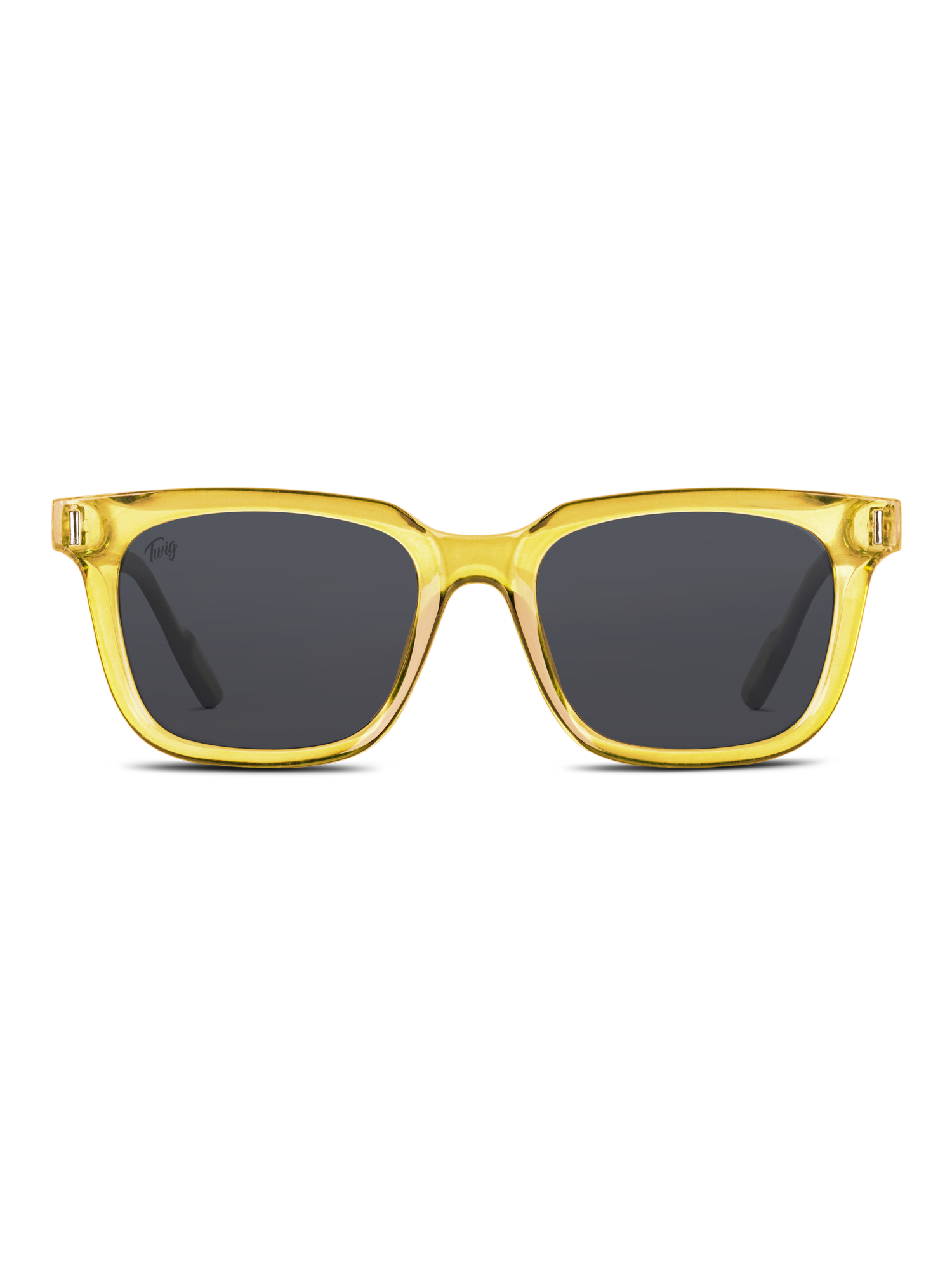 Gli Occhiali da sole Fleming di TWIG Concept Milano sono occhiali da sole rettangolari unisex con montatura in policarbonato giallo trasparente, lenti scure e protezione UV 400, su sfondo bianco.