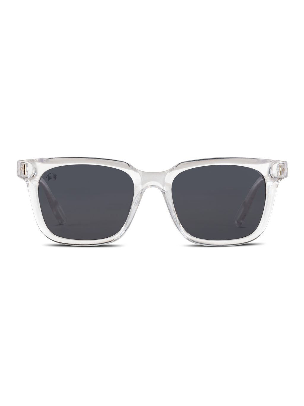 Vista frontale di Occhiali da sole Fleming di TWIG Concept Milano: occhiali da sole rettangolari unisex con montatura trasparente e lenti scure, con protezione UV 400, su sfondo bianco.