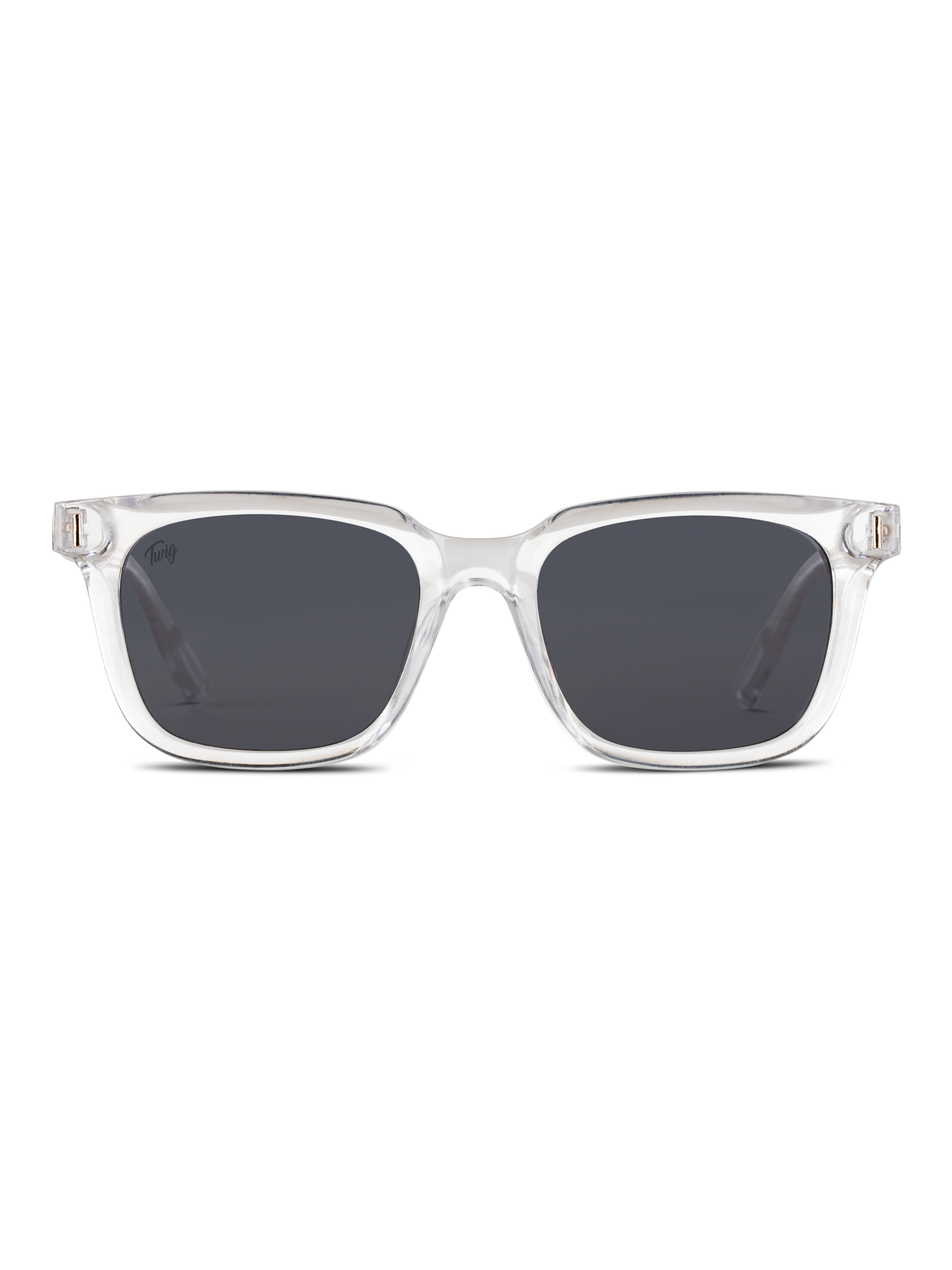 Vista frontale di Occhiali da sole Fleming di TWIG Concept Milano: occhiali da sole rettangolari unisex con montatura trasparente e lenti scure, con protezione UV 400, su sfondo bianco.