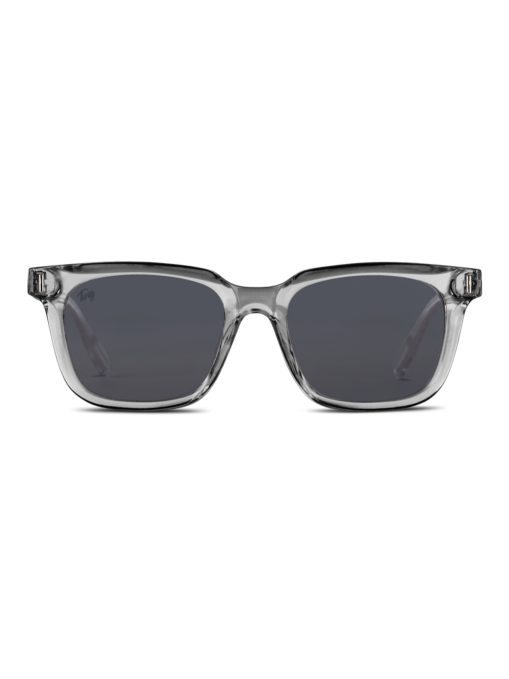 Vista frontale di TWIG Concept Milano Occhiali da sole Fleming in grigio chiaro con montatura in policarbonato leggermente spessa e colorata, con protezione UV 400, su sfondo bianco.