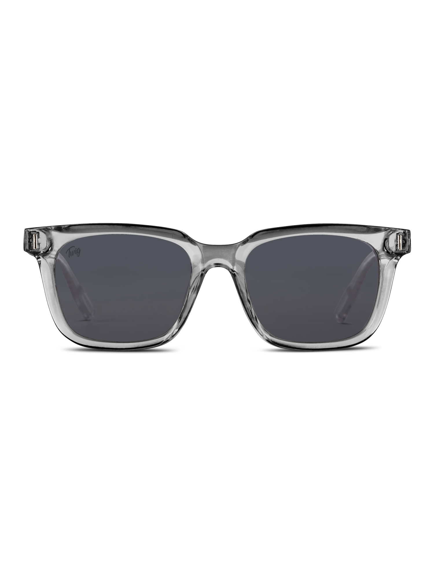 Vista frontale di TWIG Concept Milano Occhiali da sole Fleming in grigio chiaro con montatura in policarbonato leggermente spessa e colorata, con protezione UV 400, su sfondo bianco.