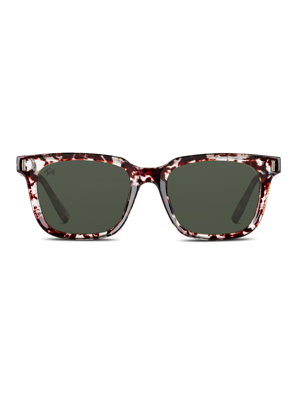 Gli Occhiali da sole Fleming di TWIG Concept Milano presentano lenti verde scuro e una montatura rettangolare in policarbonato tartarugato rosso-marrone-bianco. Questi occhiali da sole unisex offrono una protezione UV 400 e sono raffigurati su uno sfondo bianco.