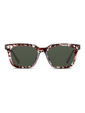Gli Occhiali da sole Fleming di TWIG Concept Milano presentano lenti verde scuro e una montatura rettangolare in policarbonato tartarugato rosso-marrone-bianco. Questi occhiali da sole unisex offrono una protezione UV 400 e sono raffigurati su uno sfondo bianco.