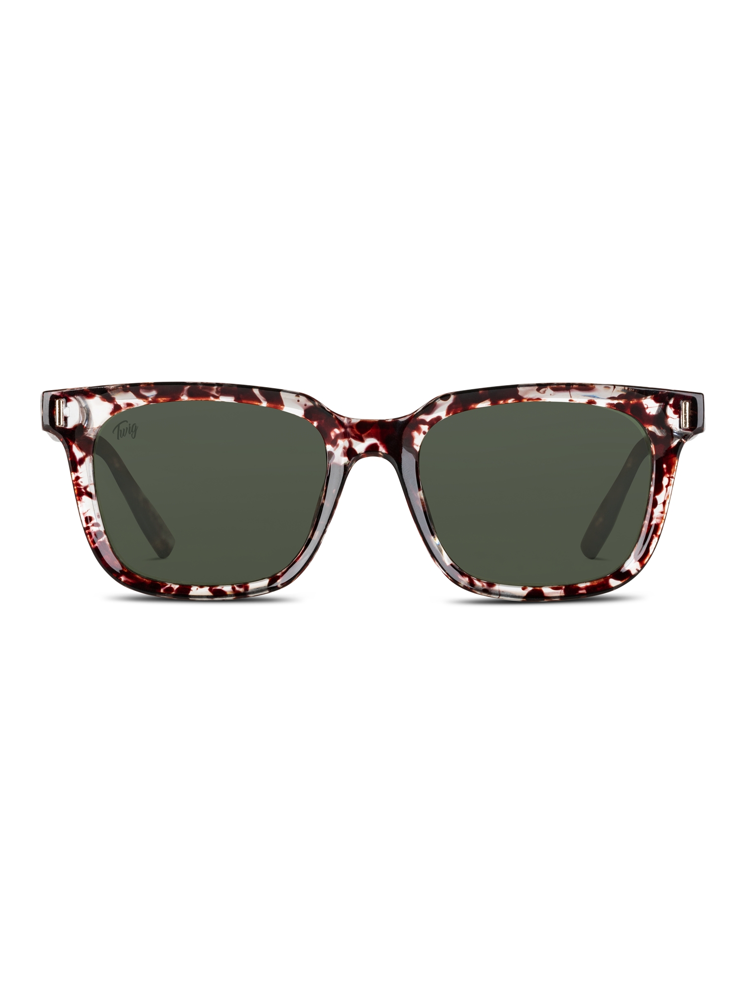Gli Occhiali da sole Fleming di TWIG Concept Milano presentano lenti verde scuro e una montatura rettangolare in policarbonato tartarugato rosso-marrone-bianco. Questi occhiali da sole unisex offrono una protezione UV 400 e sono raffigurati su uno sfondo bianco.