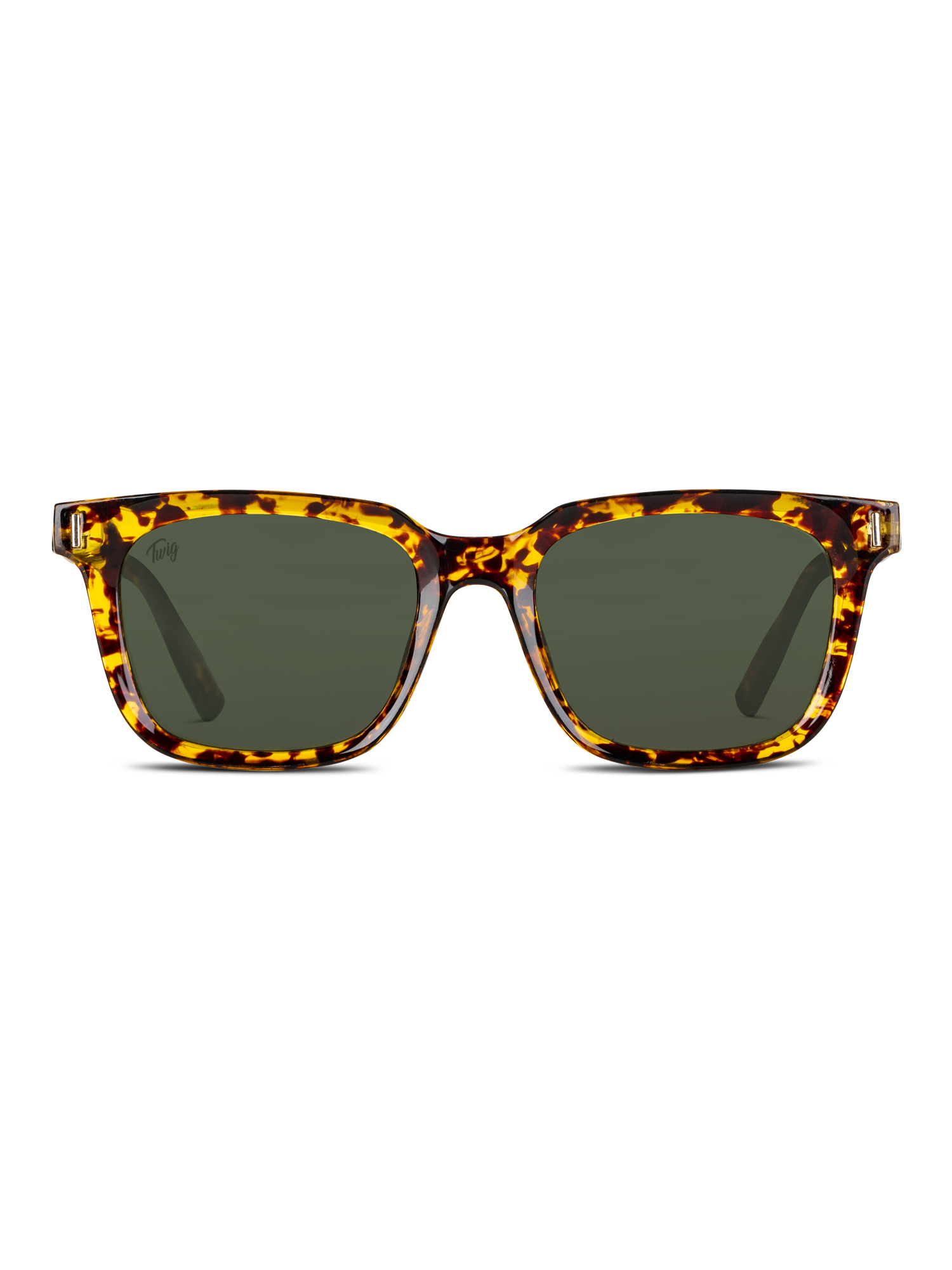 Gli Occhiali da sole Fleming di TWIG Concept Milano sono occhiali da sole unisex con montatura quadrata tartarugata, lenti verde scuro e struttura leggera in policarbonato con protezione UV 400, su sfondo bianco.