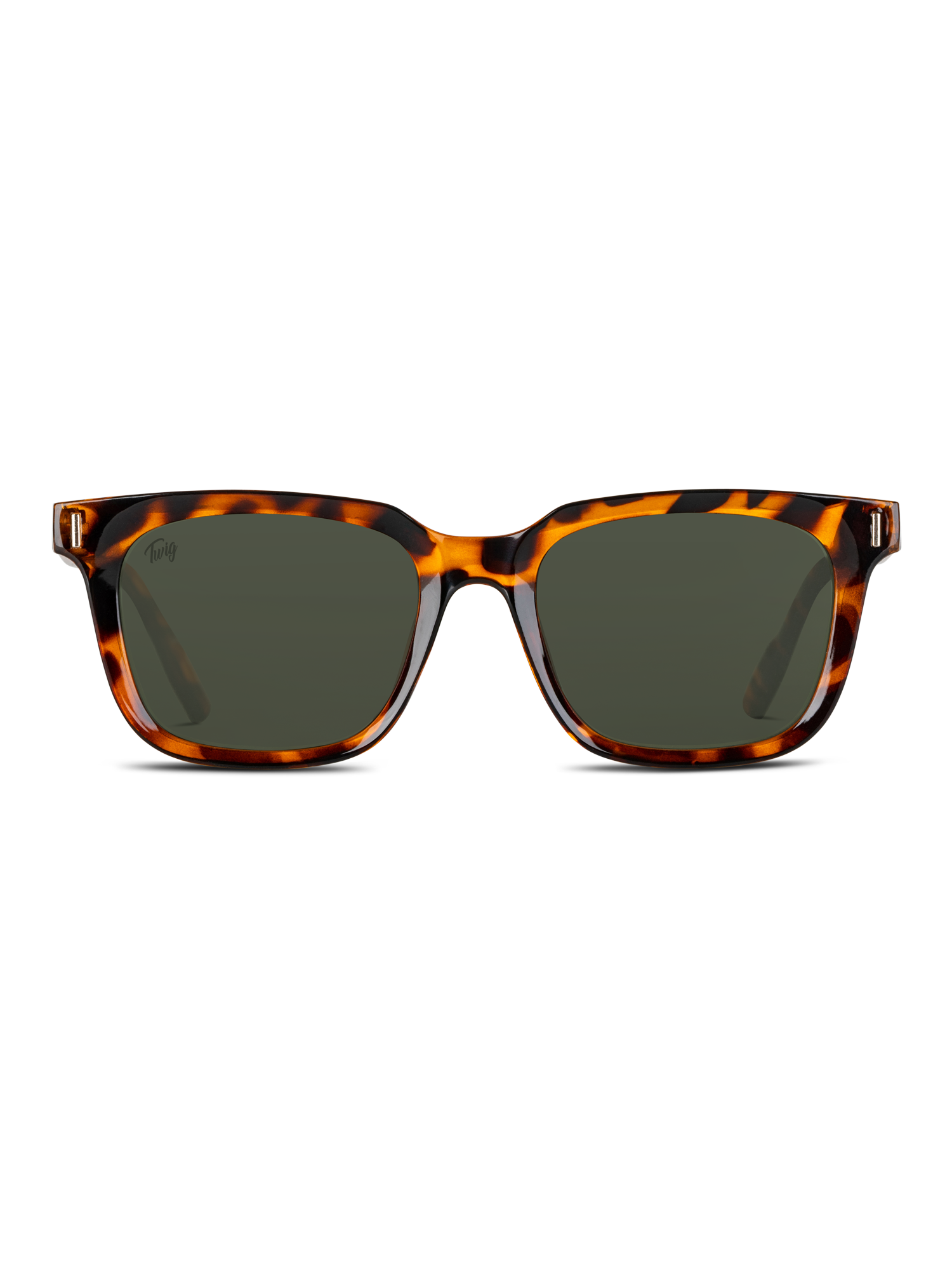Vista frontale di Occhiali da sole Fleming di TWIG Concept Milano, montatura unisex in policarbonato tartarugato con lenti UV 400 verde scuro, su sfondo bianco.