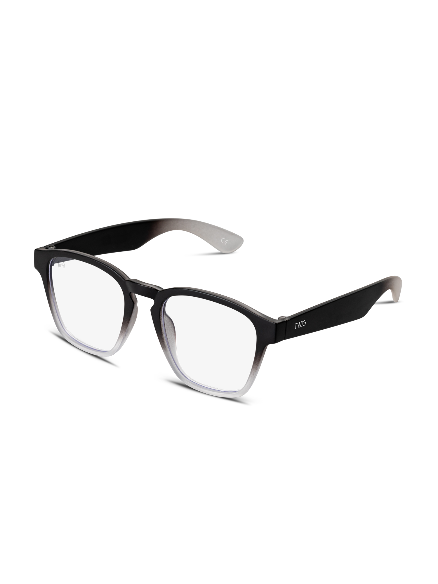 Occhiali luce blu Hayez di TWIG Concept Milano: montatura nera rettangolare opaca, lenti trasparenti anti luce blu e aste affusolate, per proteggere gli occhi dallo schermo. Esposti su sfondo bianco.