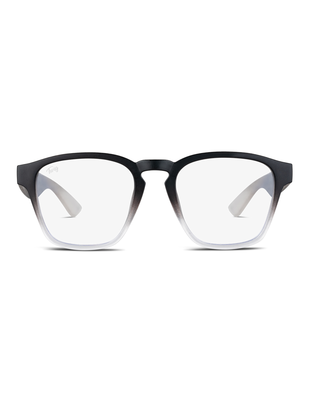 Una coppia di TWIG Concept Milano Occhiali luce blu Hayez con montatura rettangolare nero-chiaro, su sfondo bianco, che unisce design elegante e protezione degli occhi schermo.