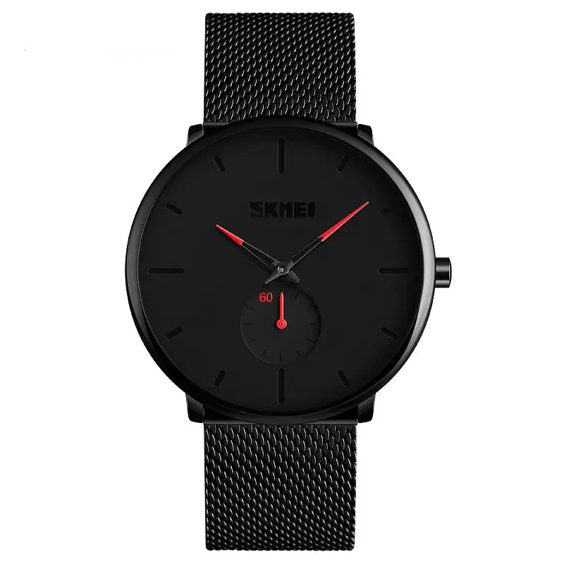 Lo Skmei Orologio minimalista ultraleggero ultrasottile nero rosso è dotato di cinturino a rete, quadrante nero, sottili lancette rosse, quadrante dei piccoli secondi e semplici indici: un elegante orologio minimalista per ogni occasione.