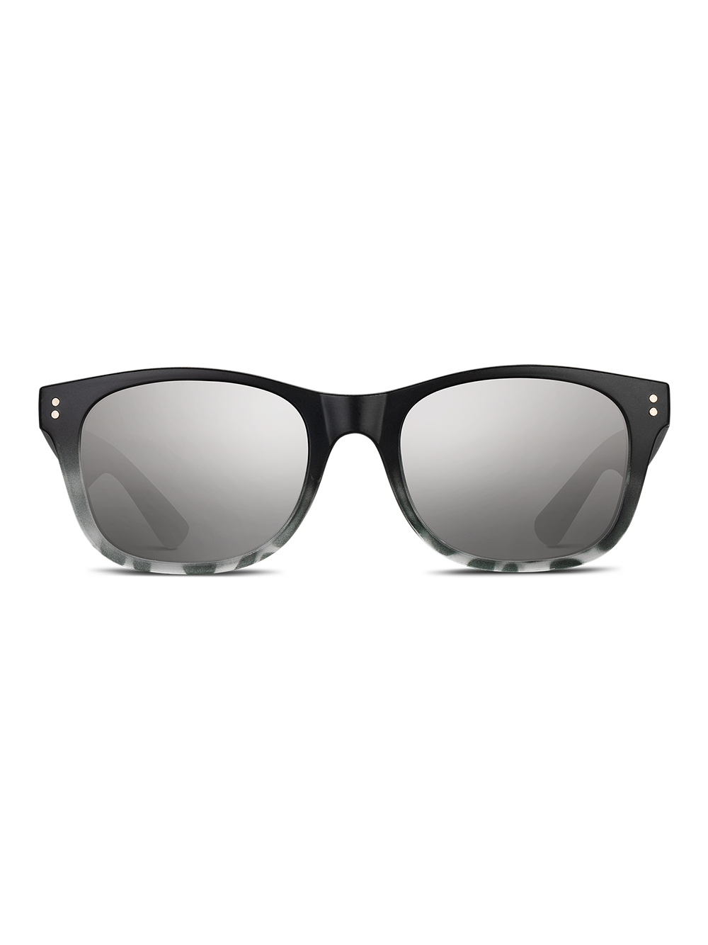 Gli Occhiali da sole Idol Plus di Smooder, in stile wayfarer nero con lenti grigie specchiate, sono mostrati frontalmente su sfondo bianco. Resistenti e alla moda, offrono protezione UV 400 per i tuoi occhi.