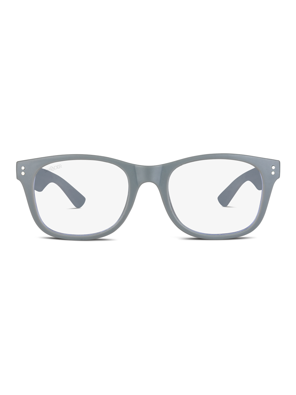 Vista frontale di Smooder Occhiali luce blu Idol con montatura rettangolare grigio traslucido, lenti chiare e rivetti metallici agli angoli superiori, su sfondo bianco.