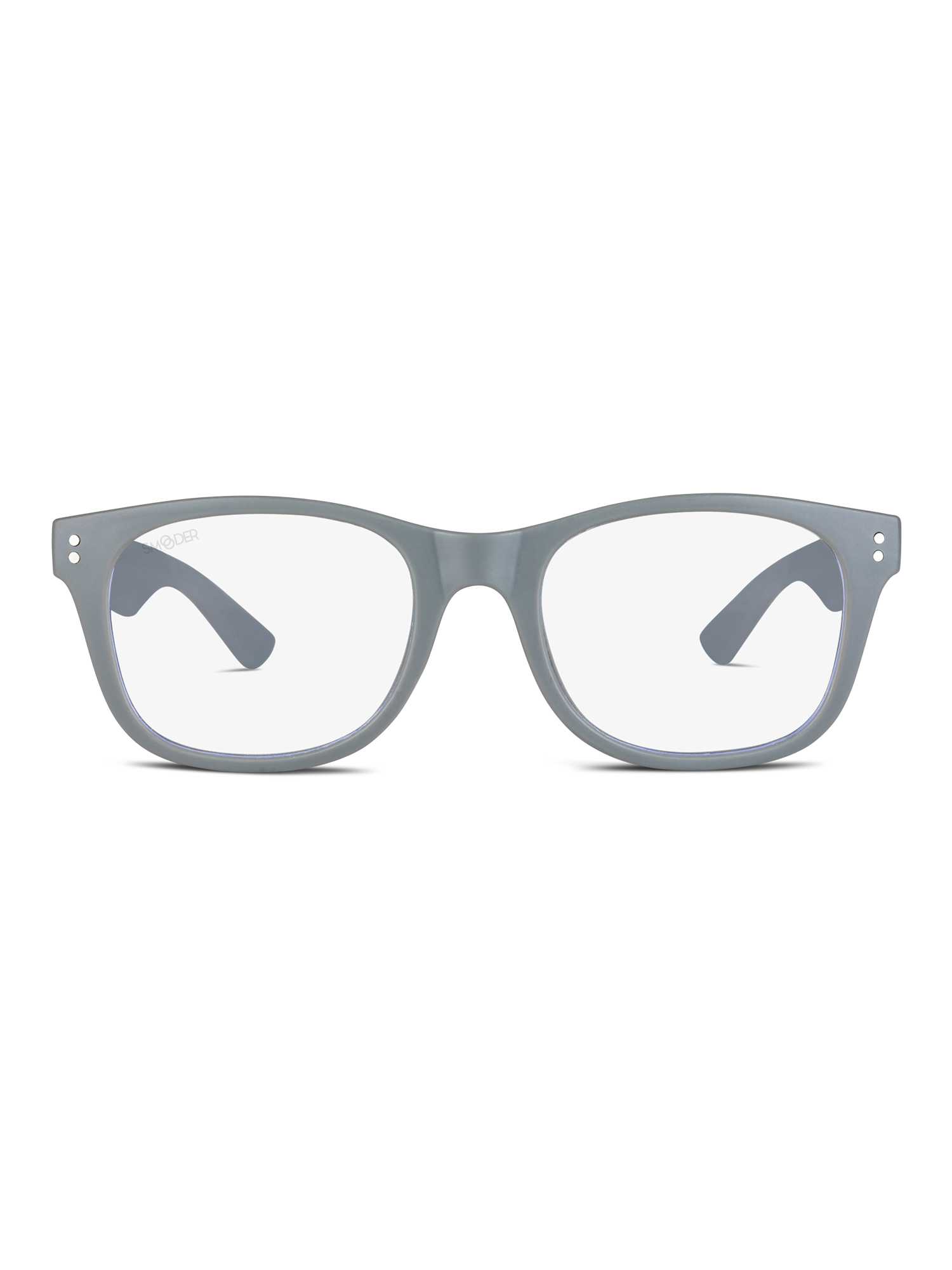Vista frontale di Smooder Occhiali luce blu Idol con montatura rettangolare grigio traslucido, lenti chiare e rivetti metallici agli angoli superiori, su sfondo bianco.