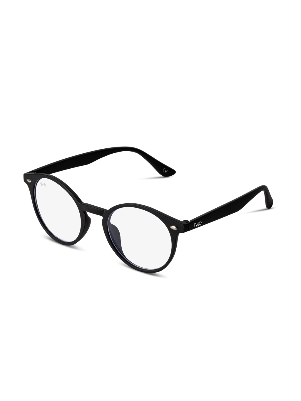 Occhiali luce blu Jager di TWIG Concept Milano in nero, con montatura rotonda e lenti chiare blu. Su sfondo bianco, il loro design classico con aste leggermente appuntite offre comfort e sollievo dallo stress visivo.