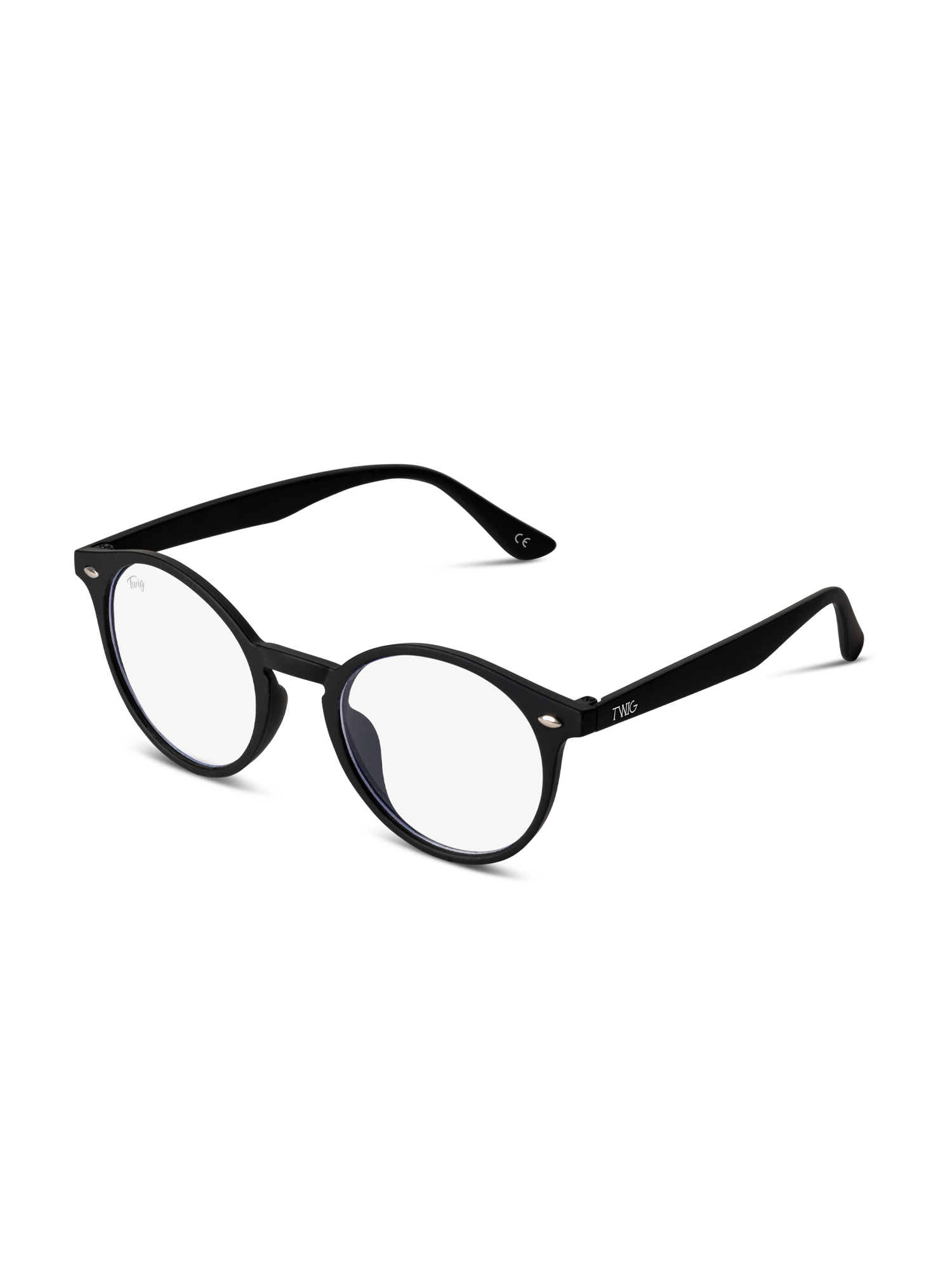 Occhiali luce blu Jager di TWIG Concept Milano in nero, con montatura rotonda e lenti chiare blu. Su sfondo bianco, il loro design classico con aste leggermente appuntite offre comfort e sollievo dallo stress visivo.