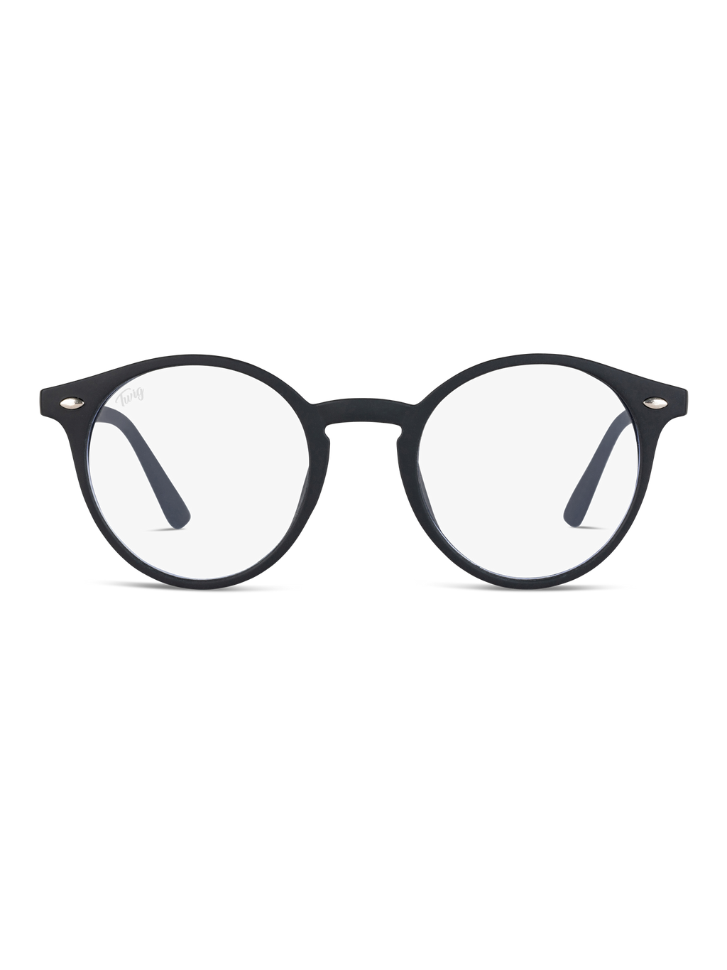 Un paio di Occhiali luce blu Jager di TWIG Concept Milano - montatura rotonda nera con lenti trasparenti - mostrati frontalmente su sfondo bianco, perfetti per ridurre lo stress visivo durante l'utilizzo dello schermo.