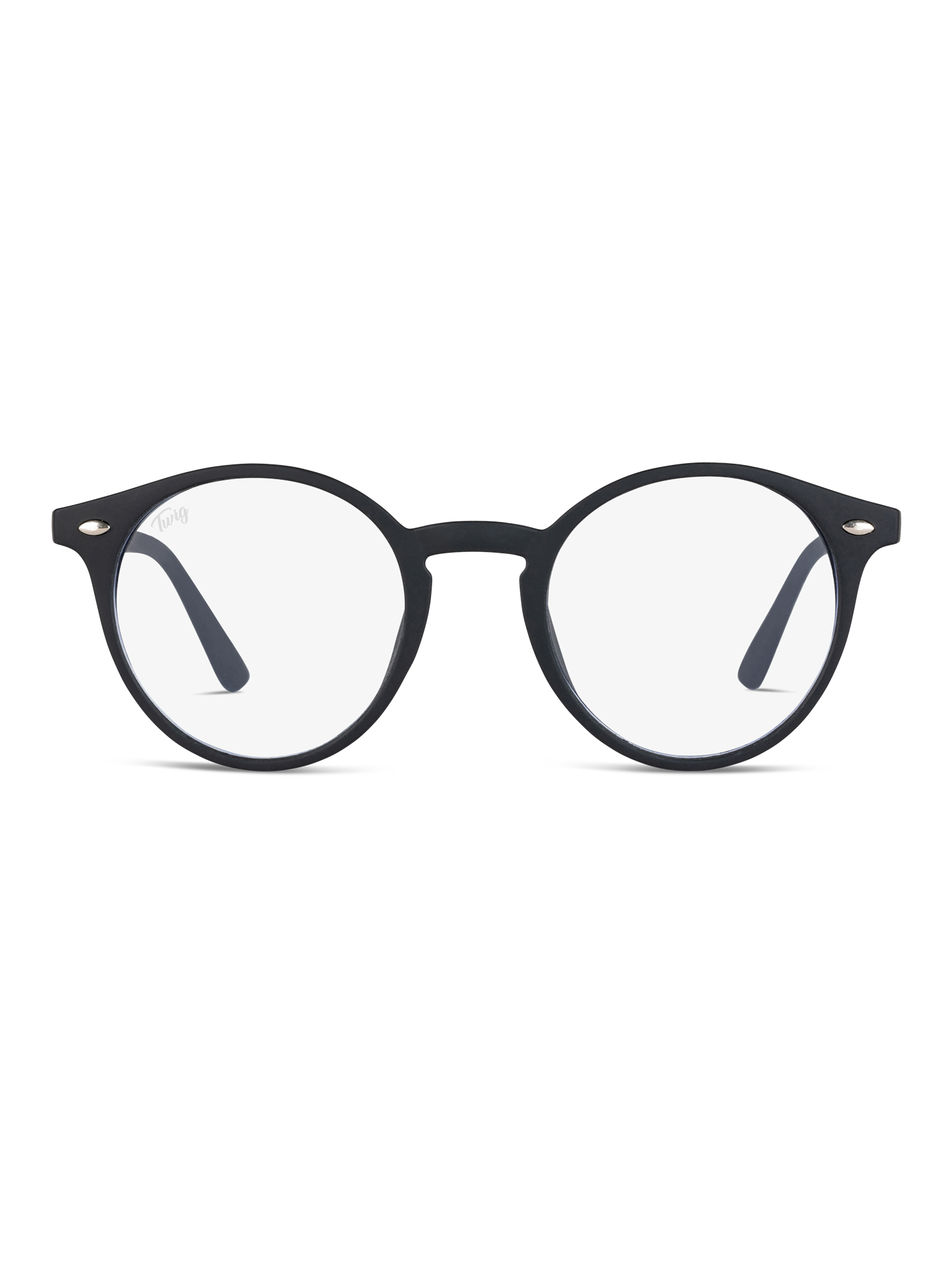 Un paio di Occhiali luce blu Jager di TWIG Concept Milano - montatura rotonda nera con lenti trasparenti - mostrati frontalmente su sfondo bianco, perfetti per ridurre lo stress visivo durante l'utilizzo dello schermo.
