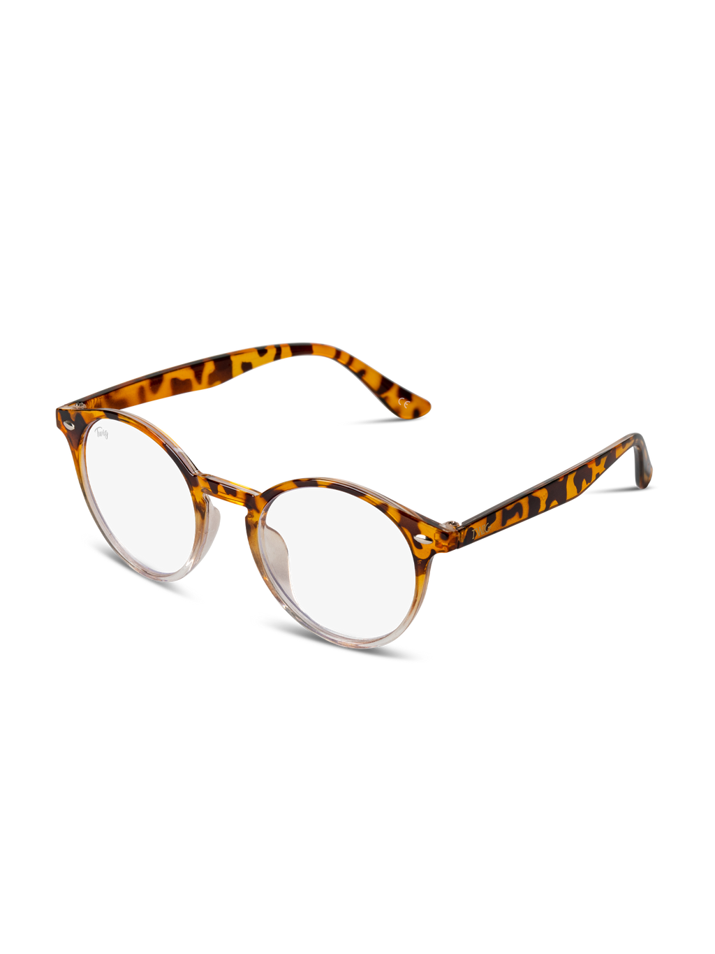 Un paio di occhiali tondi TWIG Concept Milano Occhiali luce blu Jager con montatura tartarugata ambra, marrone e nera su sfondo bianco. Questi occhiali alla moda riducono lo stress visivo grazie ai loro lenti luce blu.