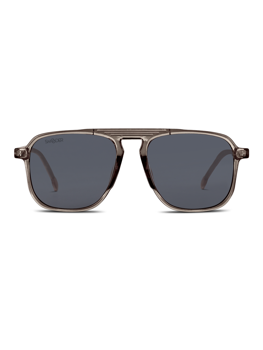 Un paio di Smooder Occhiali da sole Kalispel con design quadrato, lenti grigio scuro, montatura in acetato di cellulosa grigio traslucido e protezione UV 400 è esposto su uno sfondo bianco.