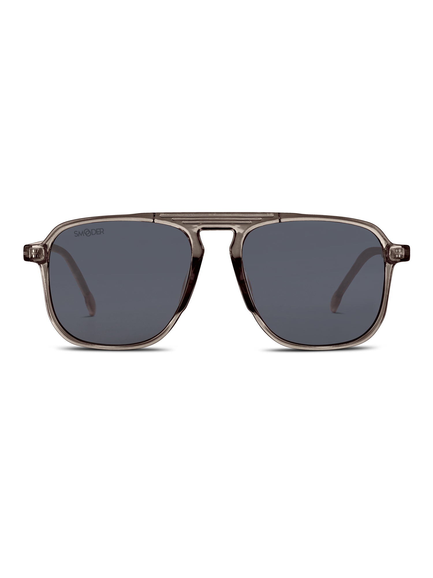 Un paio di Smooder Occhiali da sole Kalispel con design quadrato, lenti grigio scuro, montatura in acetato di cellulosa grigio traslucido e protezione UV 400 è esposto su uno sfondo bianco.