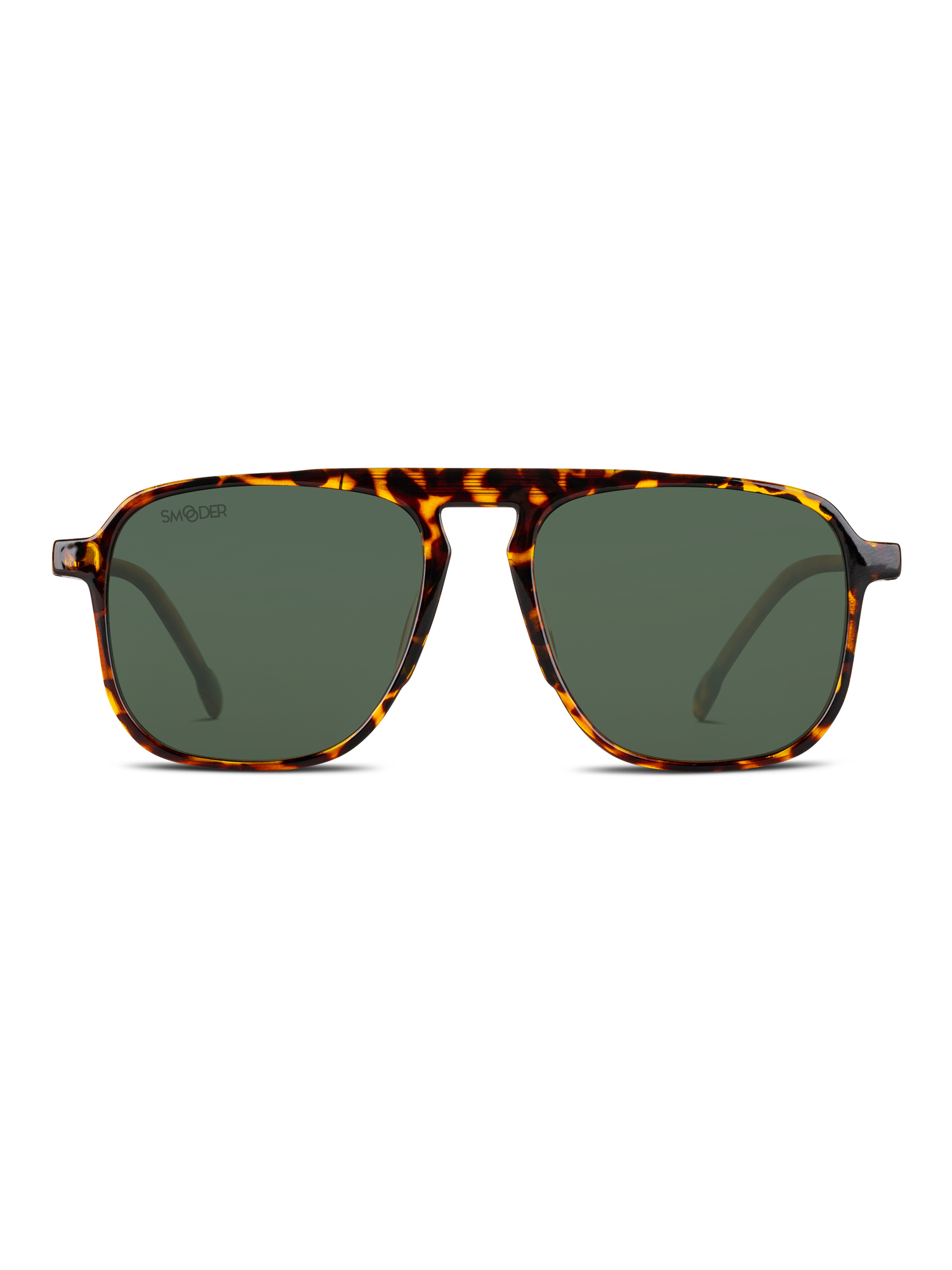 Gli Occhiali da sole Kalispel di Smooder, in acetato tartarugato con lenti rettangolari verdi e protezione UV 400, sono presentati su sfondo bianco.