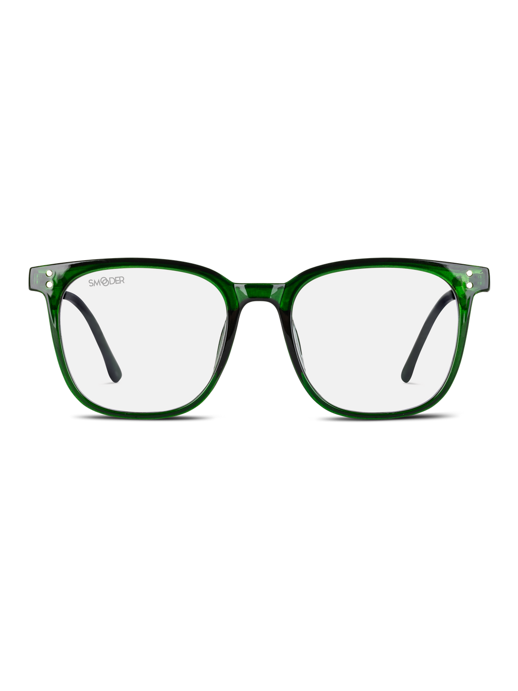 Vista frontale di Smooder Occhiali luce blu Kampak - montatura rettangolare verde con astine nere - su sfondo bianco. Progettati per proteggere gli occhi dai dispositivi elettronici e per una visione chiara e confortevole.