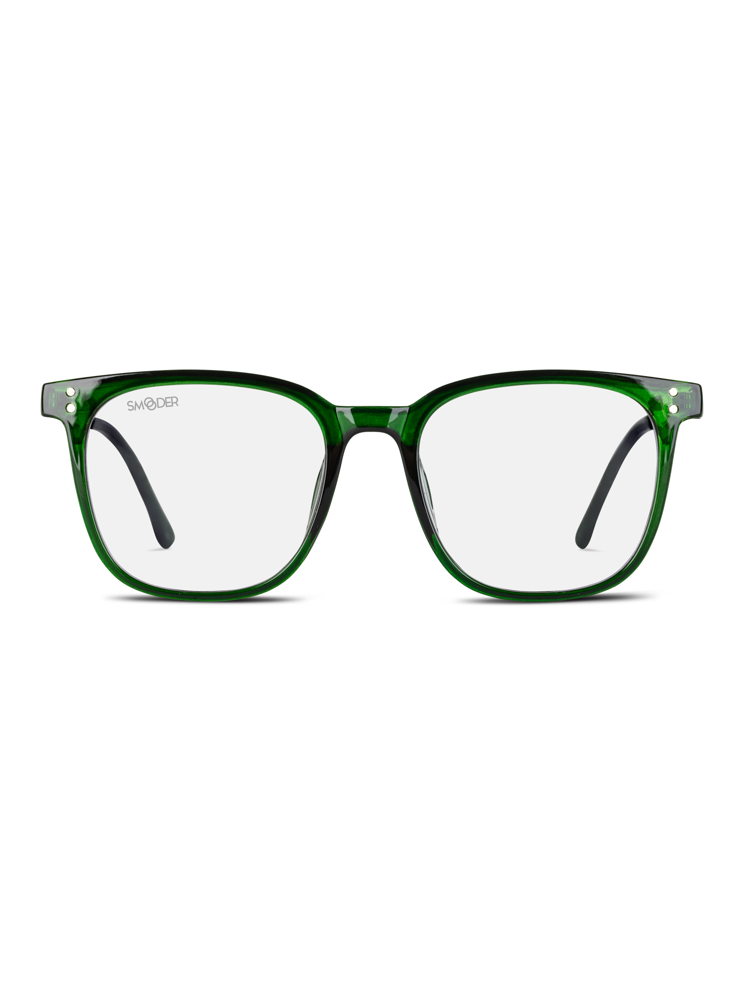 Vista frontale di Smooder Occhiali luce blu Kampak - montatura rettangolare verde con astine nere - su sfondo bianco. Progettati per proteggere gli occhi dai dispositivi elettronici e per una visione chiara e confortevole.