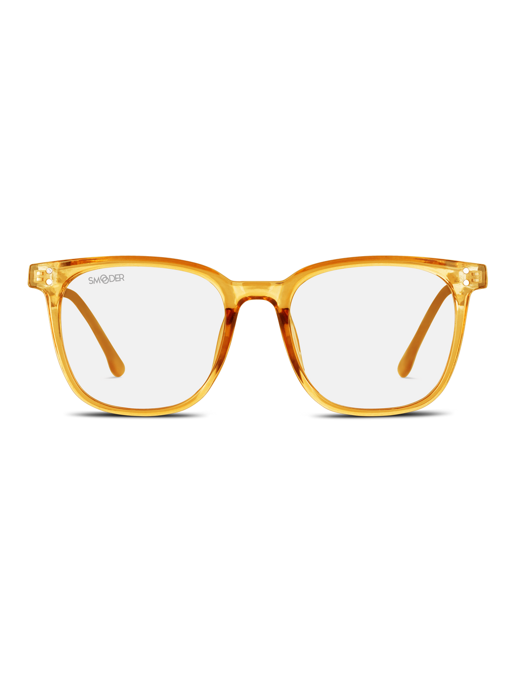 Gli Smooder Occhiali luce blu Kampak sono occhiali quadrati trasparenti, di colore giallo, dal look vintage e lenti assorbi luce blu per la protezione degli occhi dagli schermi, raffigurati su uno sfondo bianco.
