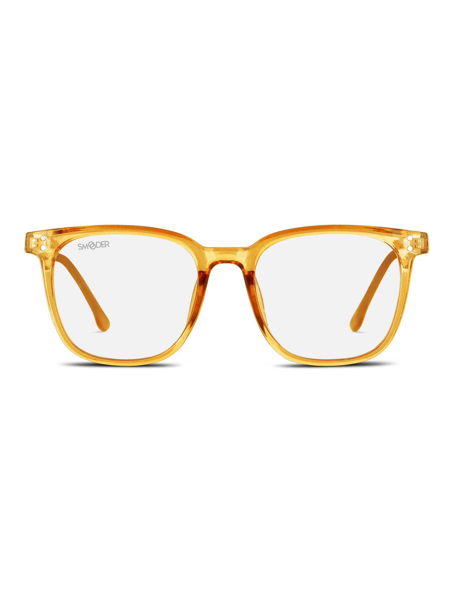 Gli Smooder Occhiali luce blu Kampak sono occhiali quadrati trasparenti, di colore giallo, dal look vintage e lenti assorbi luce blu per la protezione degli occhi dagli schermi, raffigurati su uno sfondo bianco.