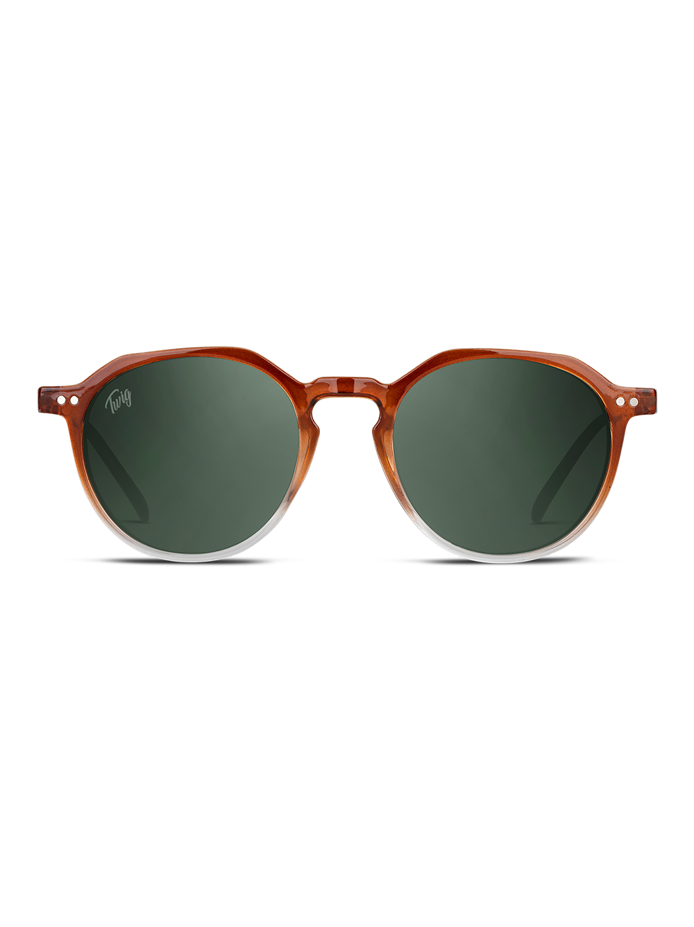 I TWIG Concept Milano Occhiali da sole Mailer sono occhiali da sole rotondi di colore marrone con lenti colorate di verde, realizzati in resistente policarbonato, esposti frontalmente su sfondo bianco.