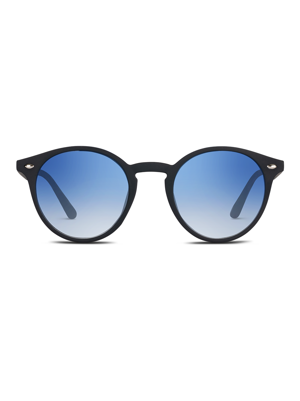 Gli Occhiali da sole Pollock di TWIG Concept Milano sono occhiali da sole rotondi con montatura nera e lenti blu sfumate, realizzati in policarbonato resistente, su sfondo bianco.