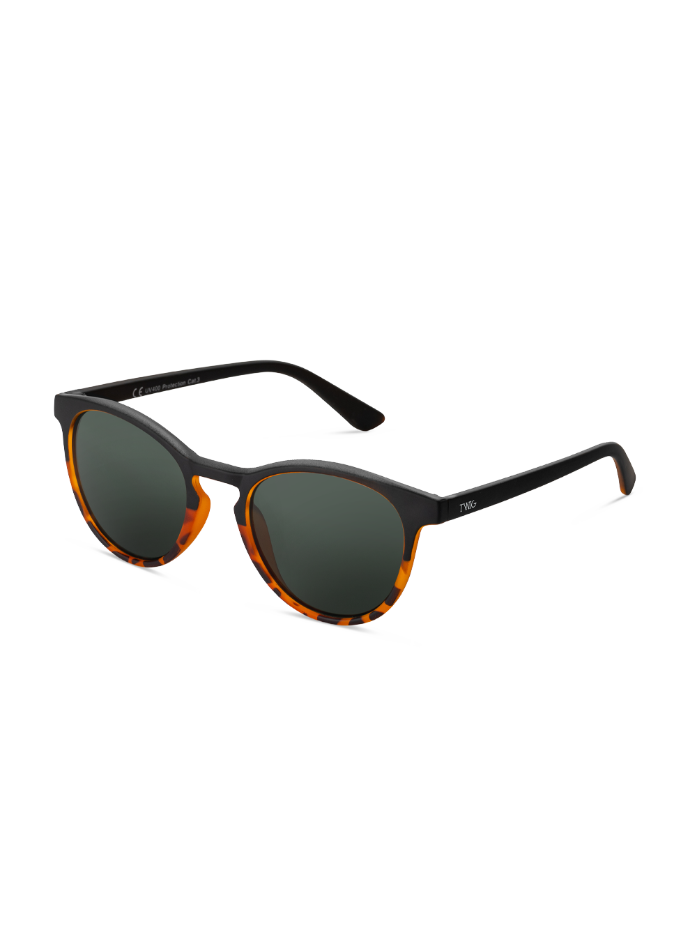 Gli Occhiali da sole Pasteur di TWIG Concept Milano presentano lenti verde scuro, montatura superiore nera e bordi tartarugati; realizzati in policarbonato resistente, offrono protezione UV 400 per uno stile sicuro e alla moda.