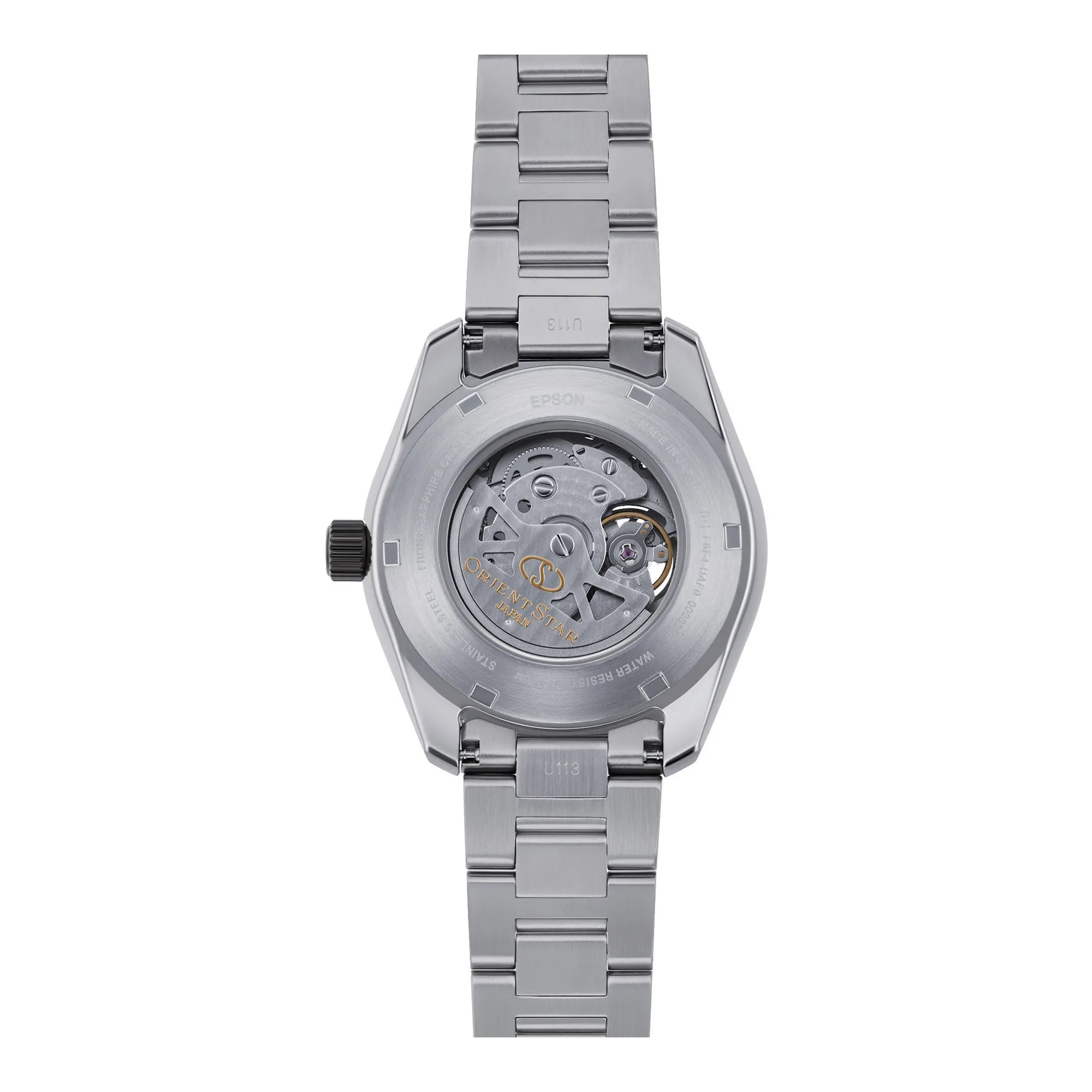 L'Orient Star Avantgarde Skeleton Automatico RE-AV0A01B00B di Orient è un orologio da uomo in acciaio inossidabile color argento con bracciale a maglie, vetro zaffiro, fondello trasparente e movimento meccanico a vista. Sul retro è presente un testo inciso.