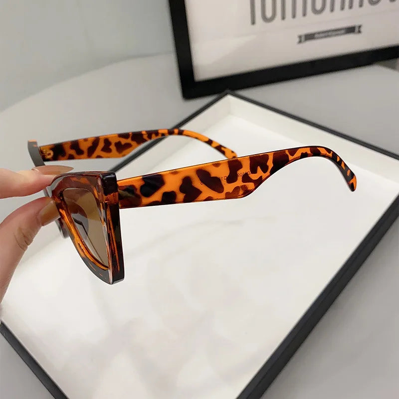 Una mano regge gli Occhiali da Sole Donna Occhi di Gatto - Fashion Style di PACOSHOP24.COM, caratterizzati da eleganti cornici quadrate in tartaruga, su un vassoio bianco con un'insegna sfocata sullo sfondo.
