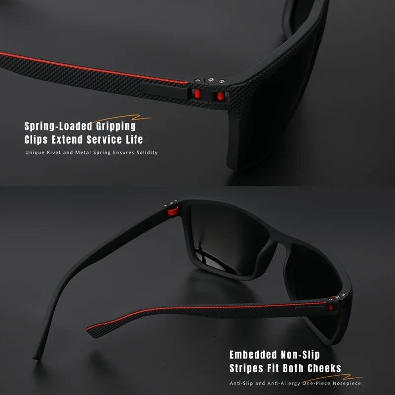Primo piano di PACOSHOP24.COM Occhiali da sole unisex polarizzati a specchio sportivi: neri con accenti rossi, lenti polarizzate, clip a molla, strisce antiscivolo sulle aste per una protezione UV400 e una vestibilità sicura e confortevole.