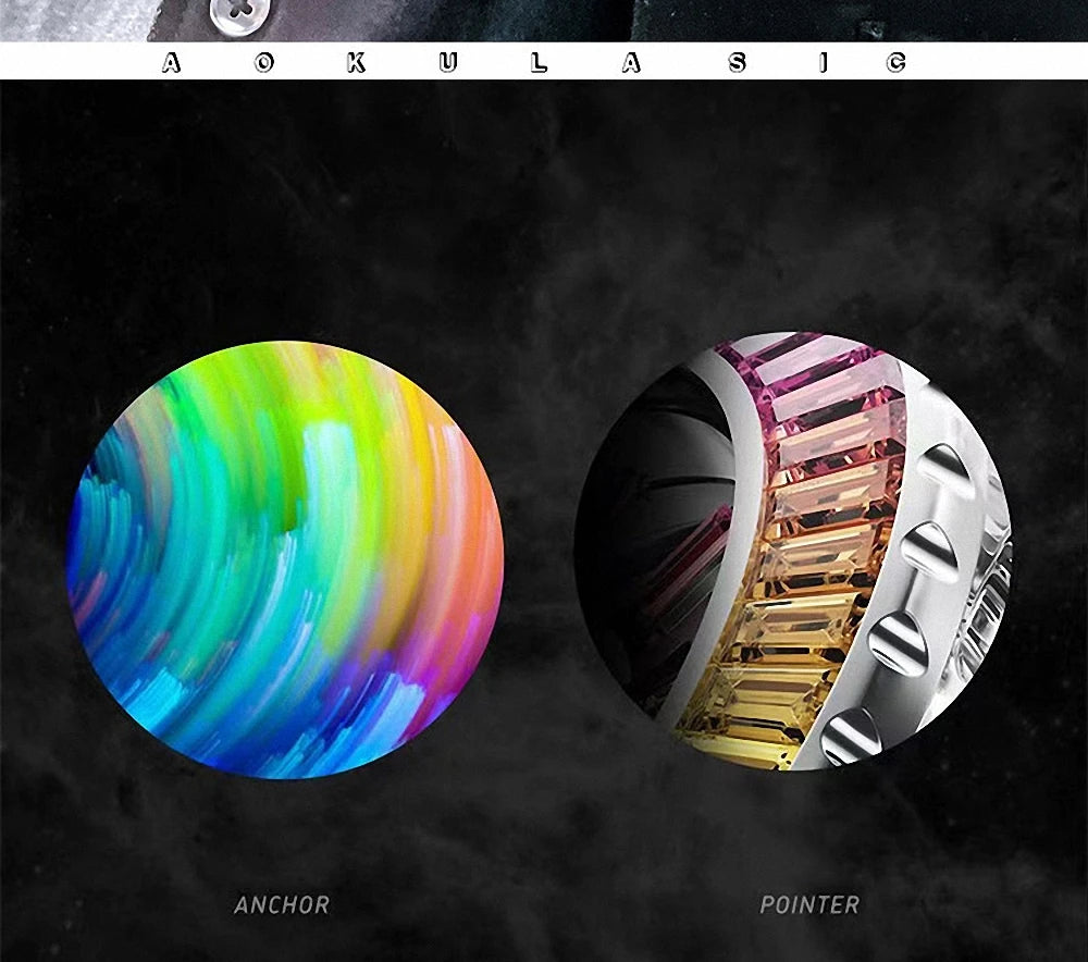 Due immagini circolari su sfondo scuro: a sinistra è raffigurato un arcobaleno luminoso con la dicitura ANCHOR, mentre a destra è mostrato un primo piano dell'Orologio automatico uomo cielo stellato Design luminoso di PACOSHOP24.COM con dettagli gioiello e metallici con la dicitura POINTER.