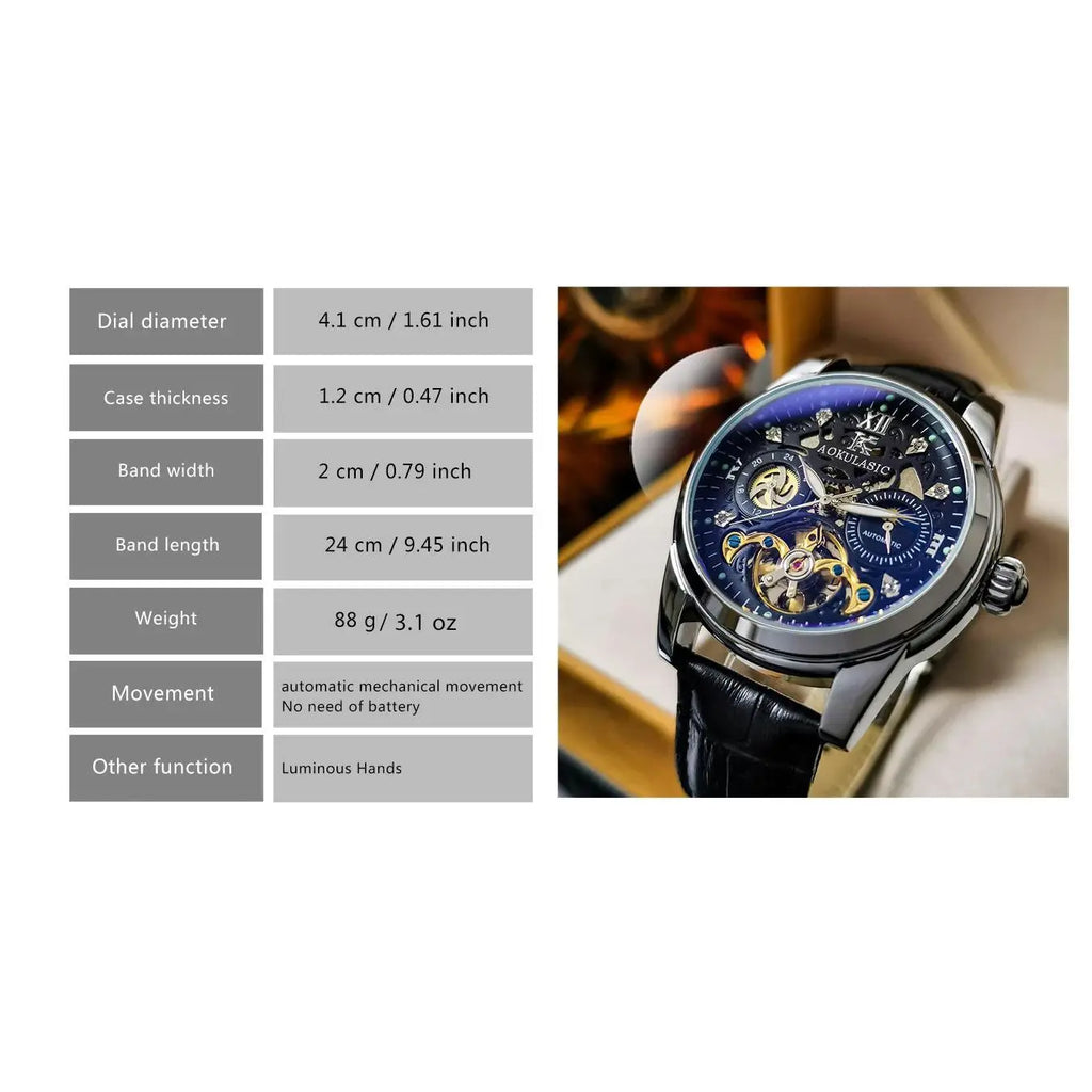 L'Orologio automatico scheletrato uomo Tourbillon Design di PACOSHOP24.COM, con quadrante scheletrato a vista e cinturino in pelle nera, è presentato accanto a una tabella che ne illustra dimensioni, peso, tipo di movimento e lancette luminose.